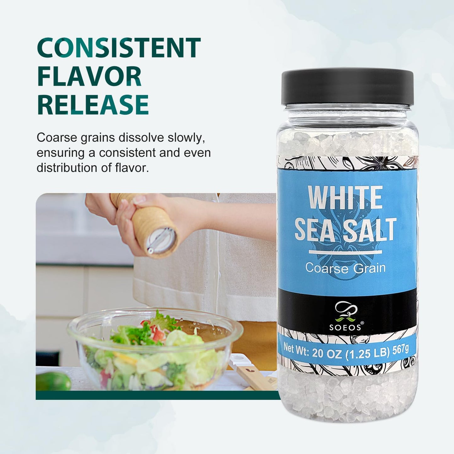 Soeos Sea Salt, Coarse Grain, 20 Oz (1.25 Pound), Non-GMO, Nature Himalayan Kosher Salt, Sea Salt for Grinder Refill (Pack of 1)