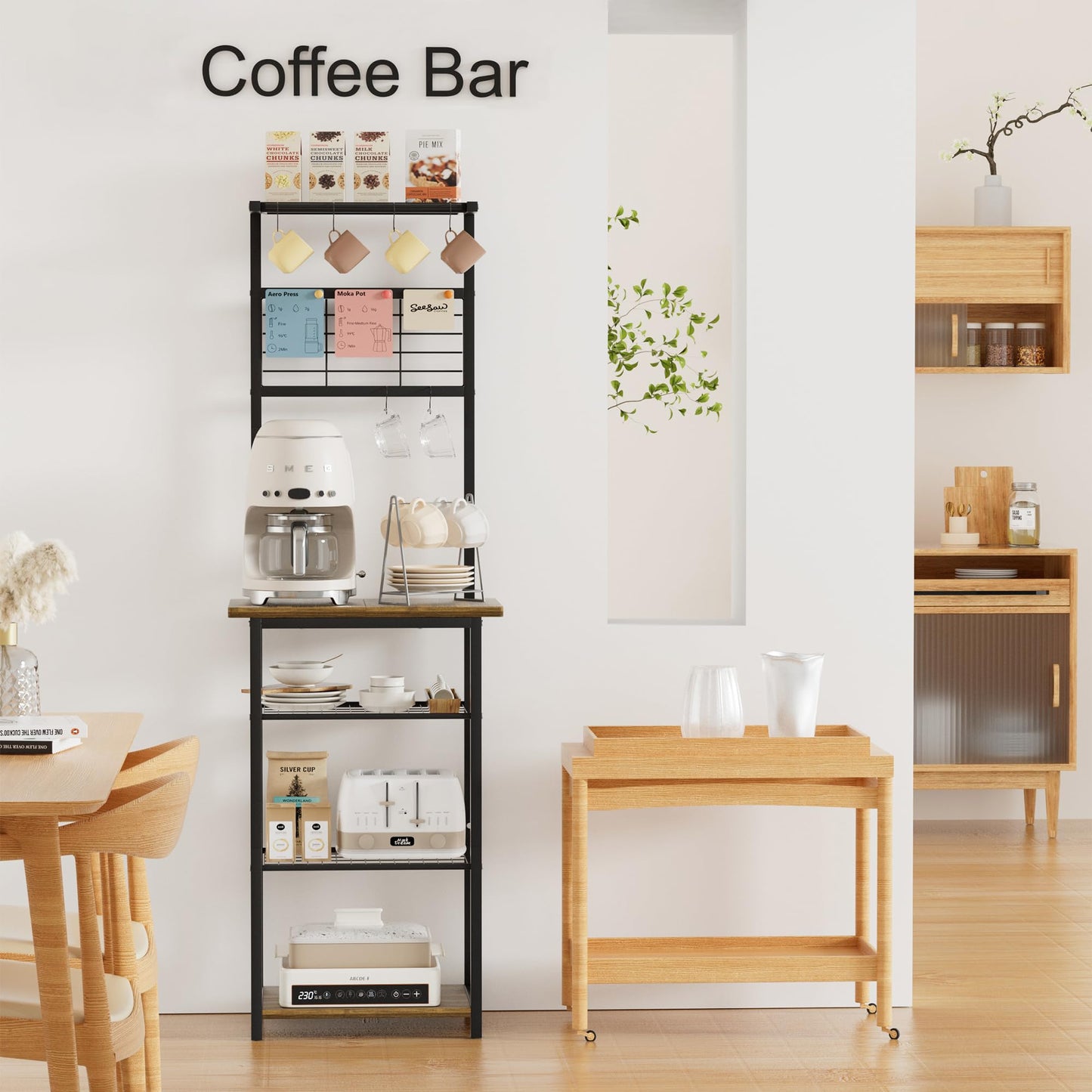BUTUNITA Coffee Bar Station with 5 Tiers - Small Coffe Bar Kitchen Shelf with 4 S-Shaped Hooks - Corner Storage Baker's Rack for Small Spaces, Entryways, and Living Rooms