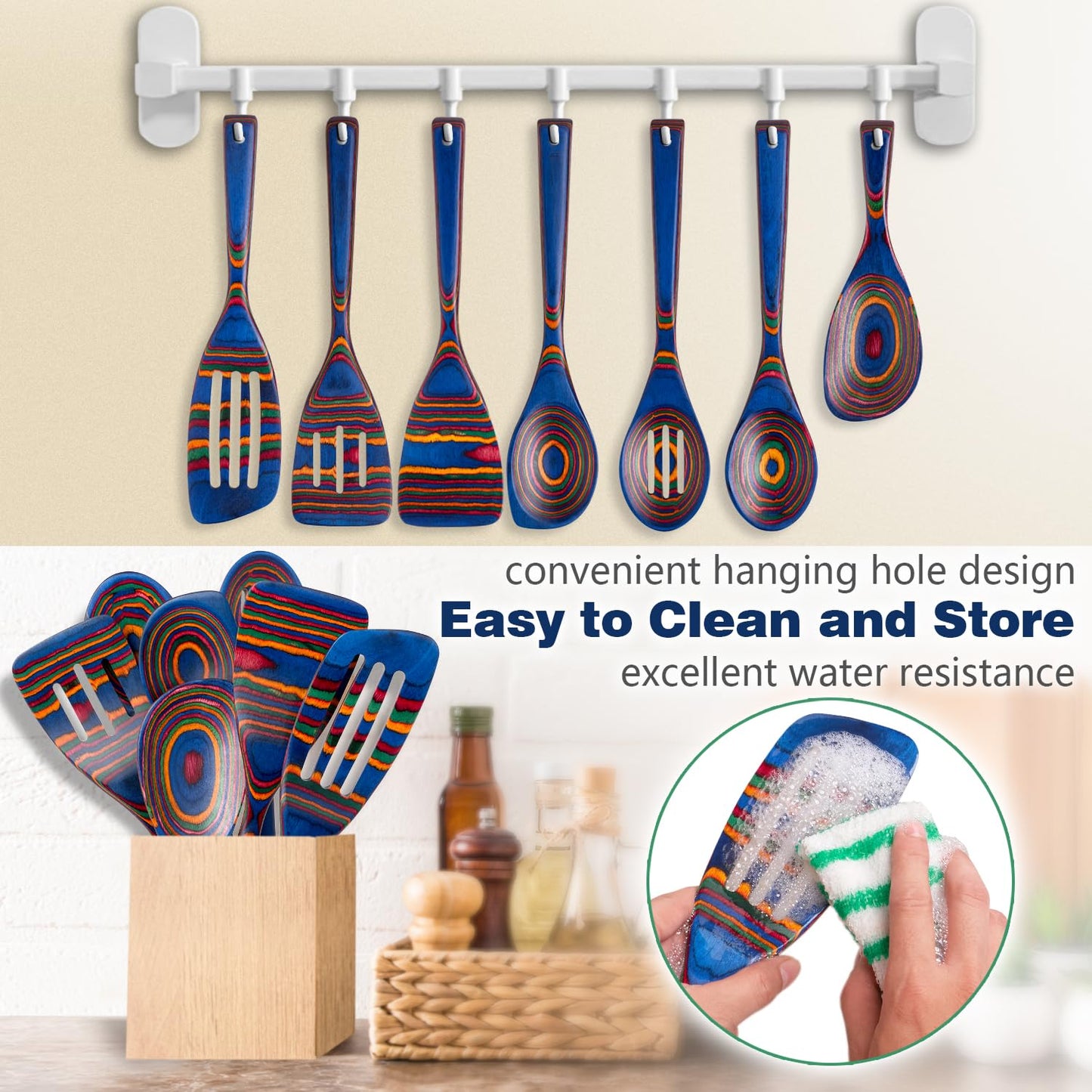 Wooden Spoons for Cooking, 7 Pcs Pakkawood Wooden Kitchen Cooking Spoon Utensil Tools Set Includes Spatula Corner Spoon Rice Paddle Friendly to Non-Stick Cookware by HOWHONG (Spectrum)