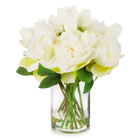 ENOVA FLORAL Artificial Flower Arrangement with Vase, Faux Flower in Vase, Mixed Artificial Real Touch Tulip and Fake Silk Peony Flower in Vase for Decoration Home Office(Cream)