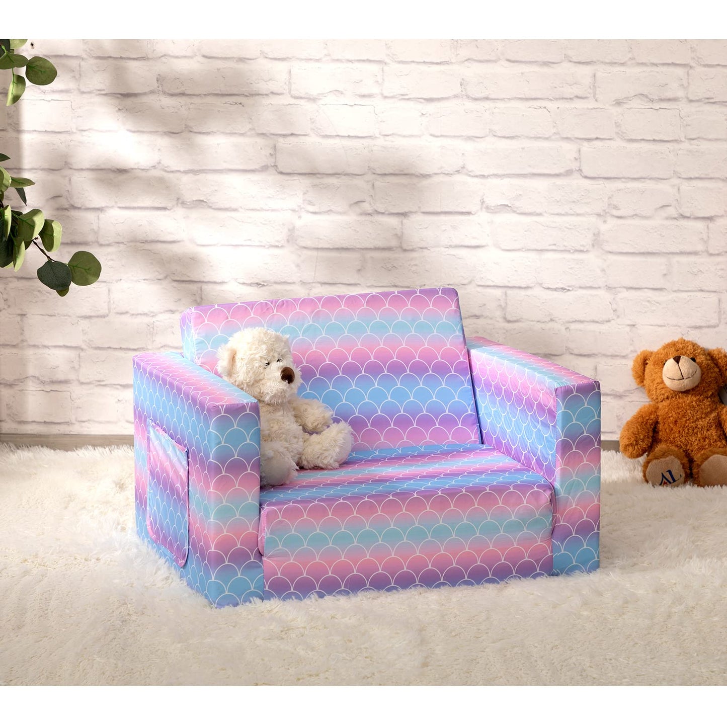 ALIMORDEN 2-in-1 Flip Out Comfy Toddler Couch, Lovely Kids Chair Convertible Sofa to Lounger for Story/Nap Time, Mermaid Scale