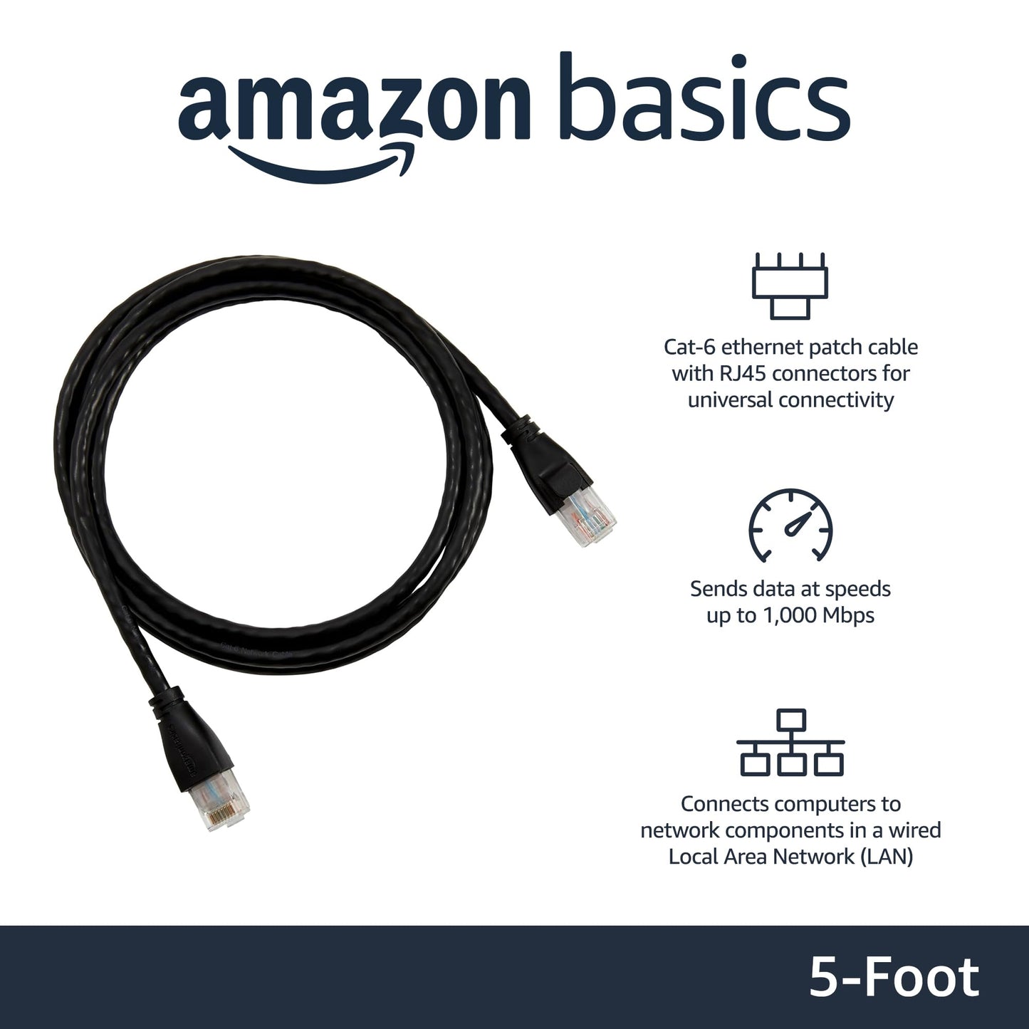 Amazon Basics RJ45 Cat 6 Ethernet Patch Cable for PC, TV, Tablet, Router, Printer, 1Gpbs Transfer Speed, Gold-Plated Connectors, 5 Foot, Black