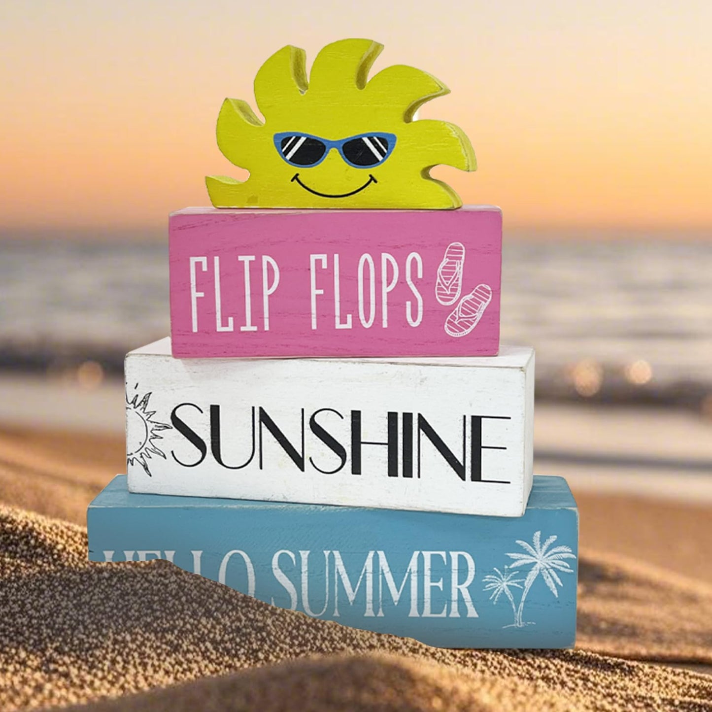 Lebsitey 4 Pcs Summer Wooden Sign Decor, Summer Home Table Decor, Human Sunshine Tiered Tray Decorations for Table & Home Office Decorations