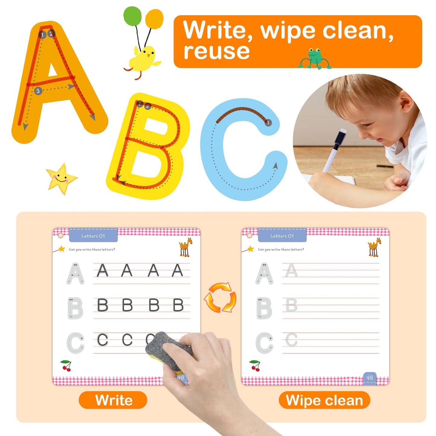 ElitePanda Preschool Learning Activities 60 Dry Erase Pages, Toddler Letter Tracing Books Ages 2 3 4 5, Autism Educational Fine Motor Skill Pre-K Workbook Learning Toy to Write for Kids 3 Year Old