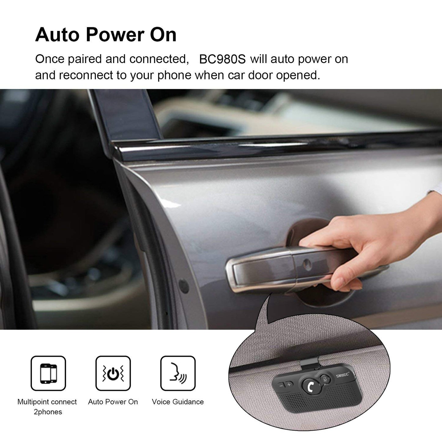SUNITEC Handsfree Bluetooth Car Kit for Cell Phone, Wireless Bluetooth Speaker for Car, AUTO Power ON Support Siri Google Voice Assistant Hands Free Phone Speakerphone with Visor Clip-BC980SA