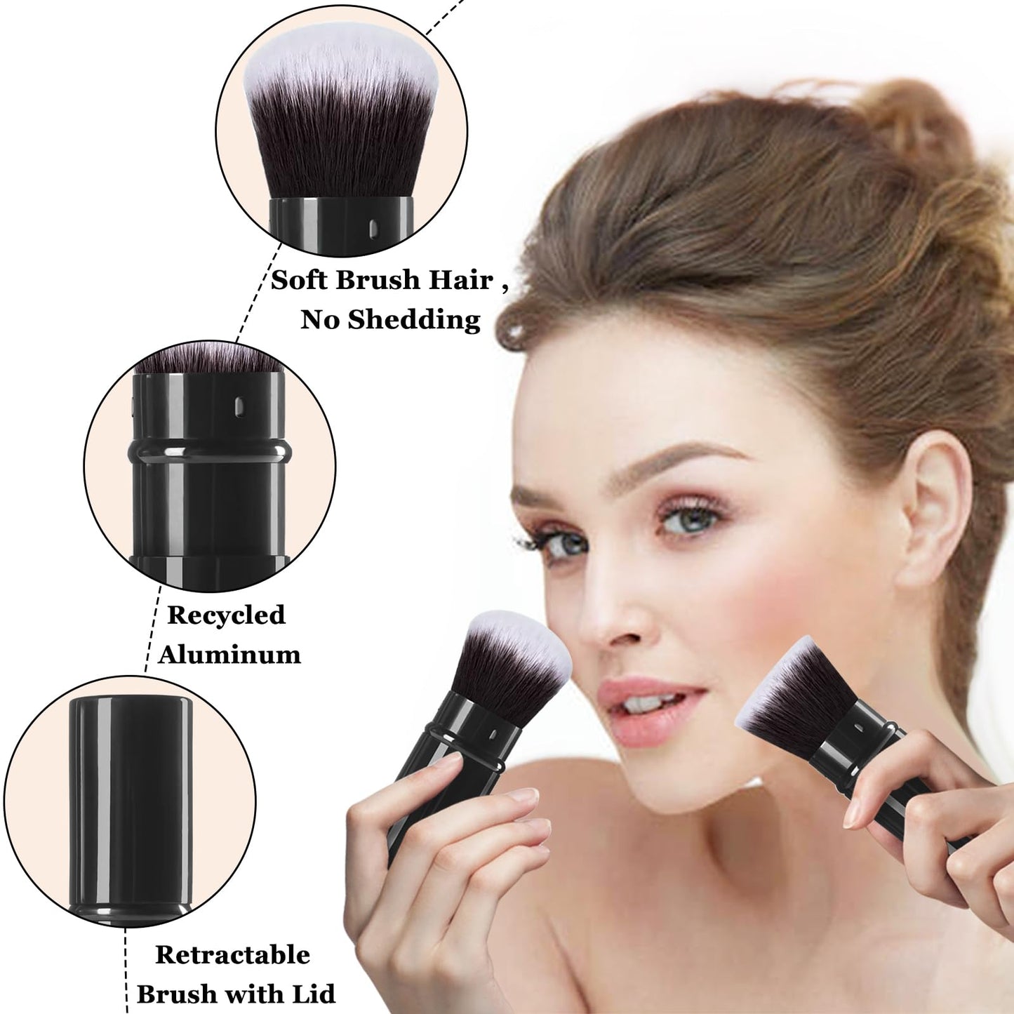 Keriloo Retractable Makeup Brush 2 Pack, Travel Kabuki Powder Foundation Makeup Brush Face Blush Brushes for Blending Liquid, Blush, Bronzer, Buffing, Sunscreen,Flawless Cosmetics