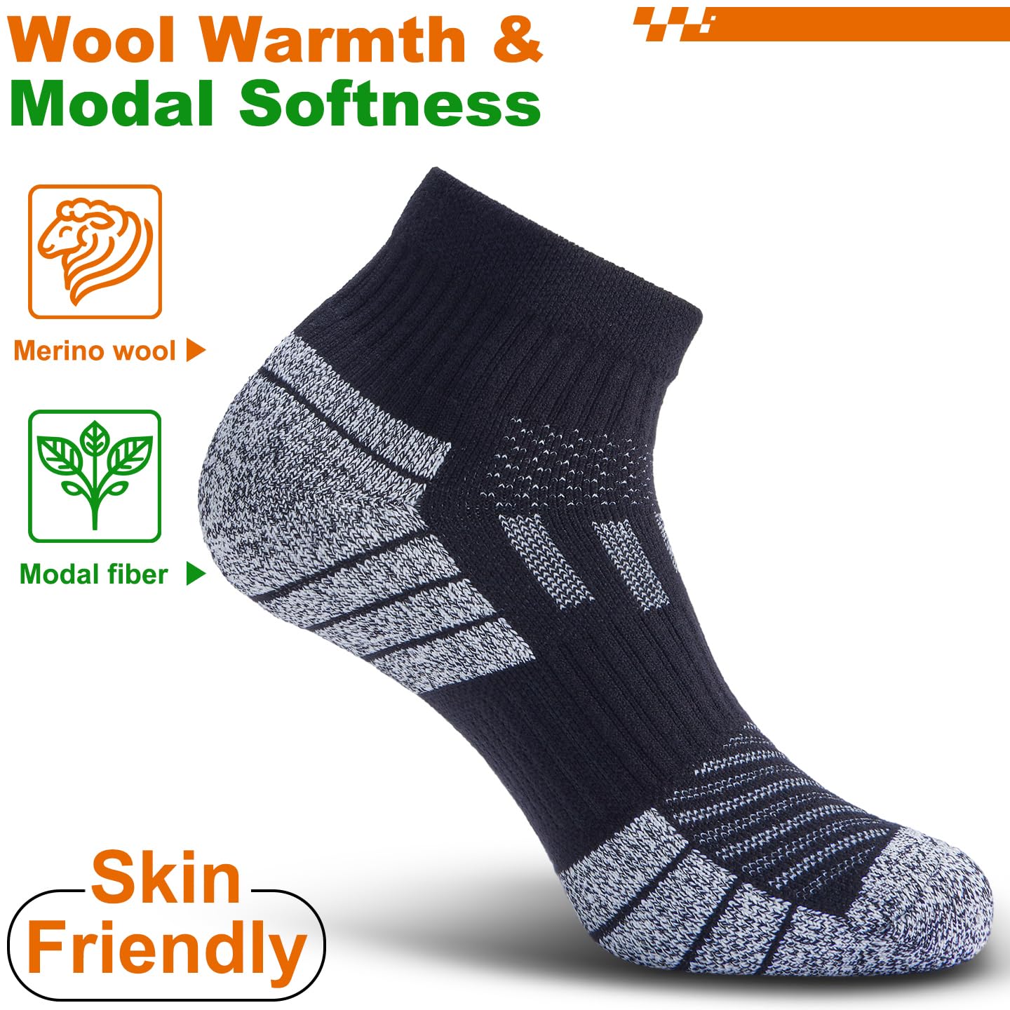 NSRRUN TURTLE Wool Compression Ankle Socks - Cozy Cushioned Hiking Running for Men Women - Thick Warm Durable, Large, Black, 2 Pairs