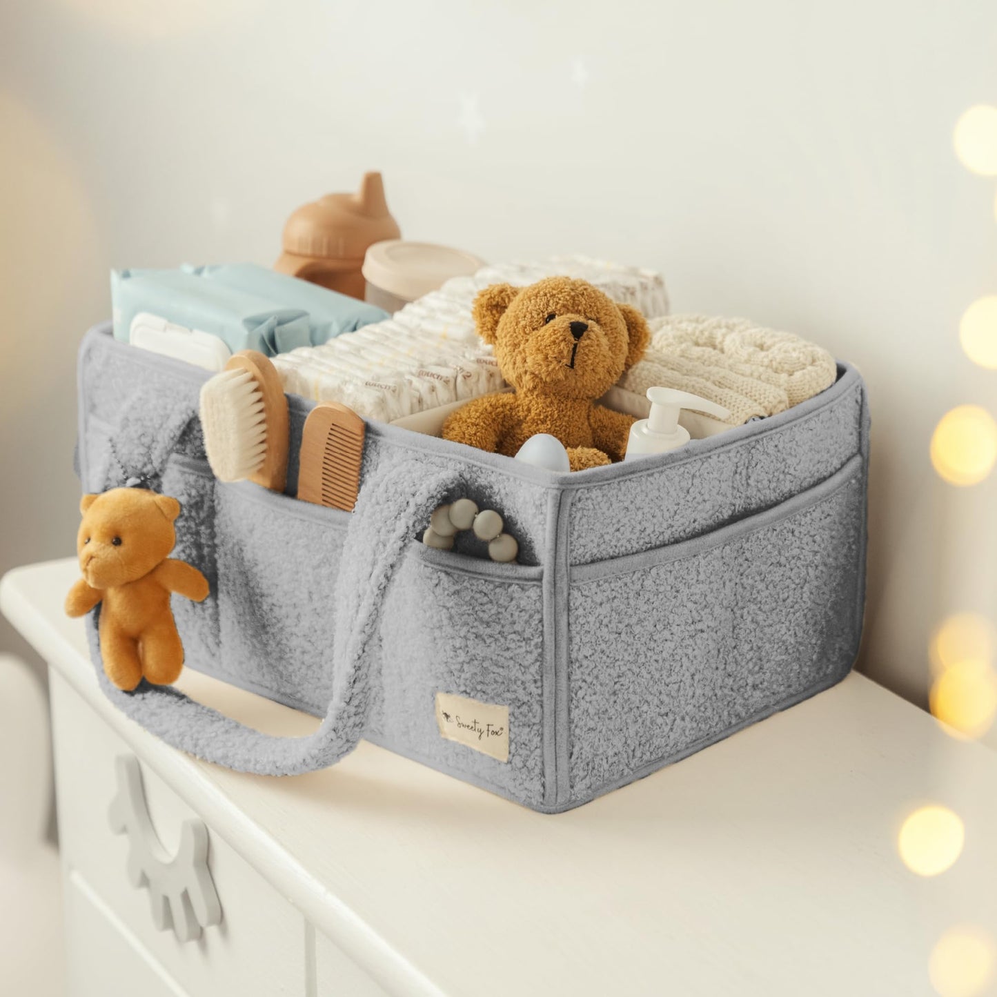 Sweety Fox Baby Diaper Caddy Organizer with Handle - Portable Sherpa Nursery Basket - Car Diaper Organizer, Cleaning Caddy, Gift for Baby Shower - Grey
