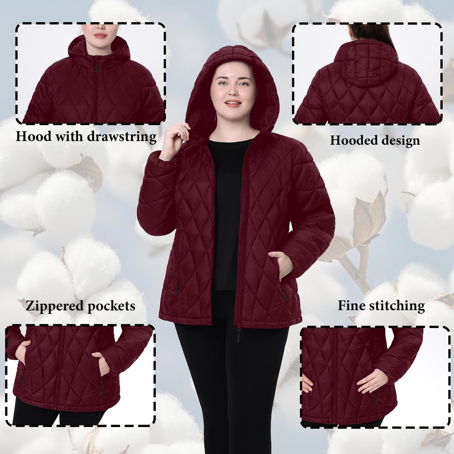 HHE Plus Size Women's Packable Puffer Jacket 1X-5X Water-Resistant Lightweight Winter Coat(Exclusively for Plus Size)(Winered,5X)