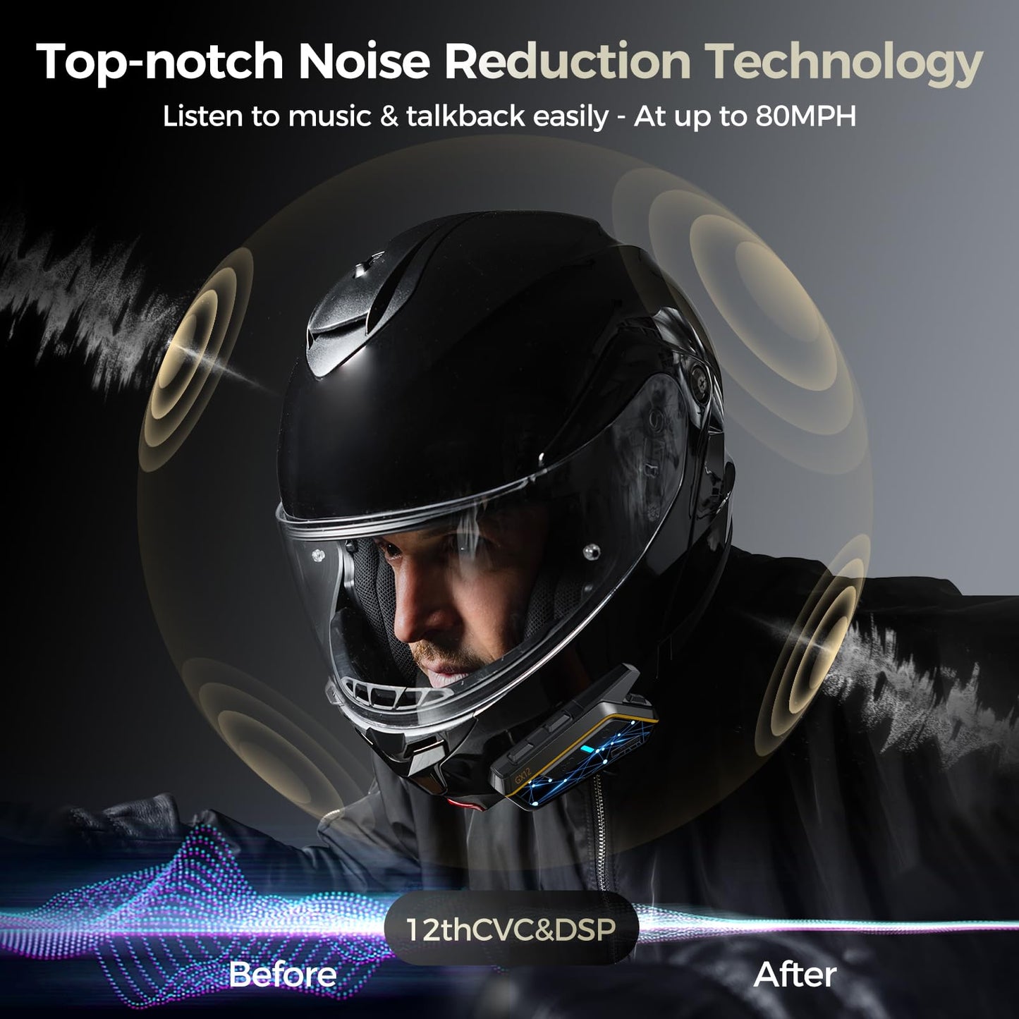 gearelec Helmet Bluetooth Intercom 【Multitasking Audio】【Mesh Intercom】, 10 Riders 2000M Motorcycle Communicaiton Systems，Motorcycle Bluetooth Headset with HiFi Sound/RGB Light/Music Sharing, 2 Pack