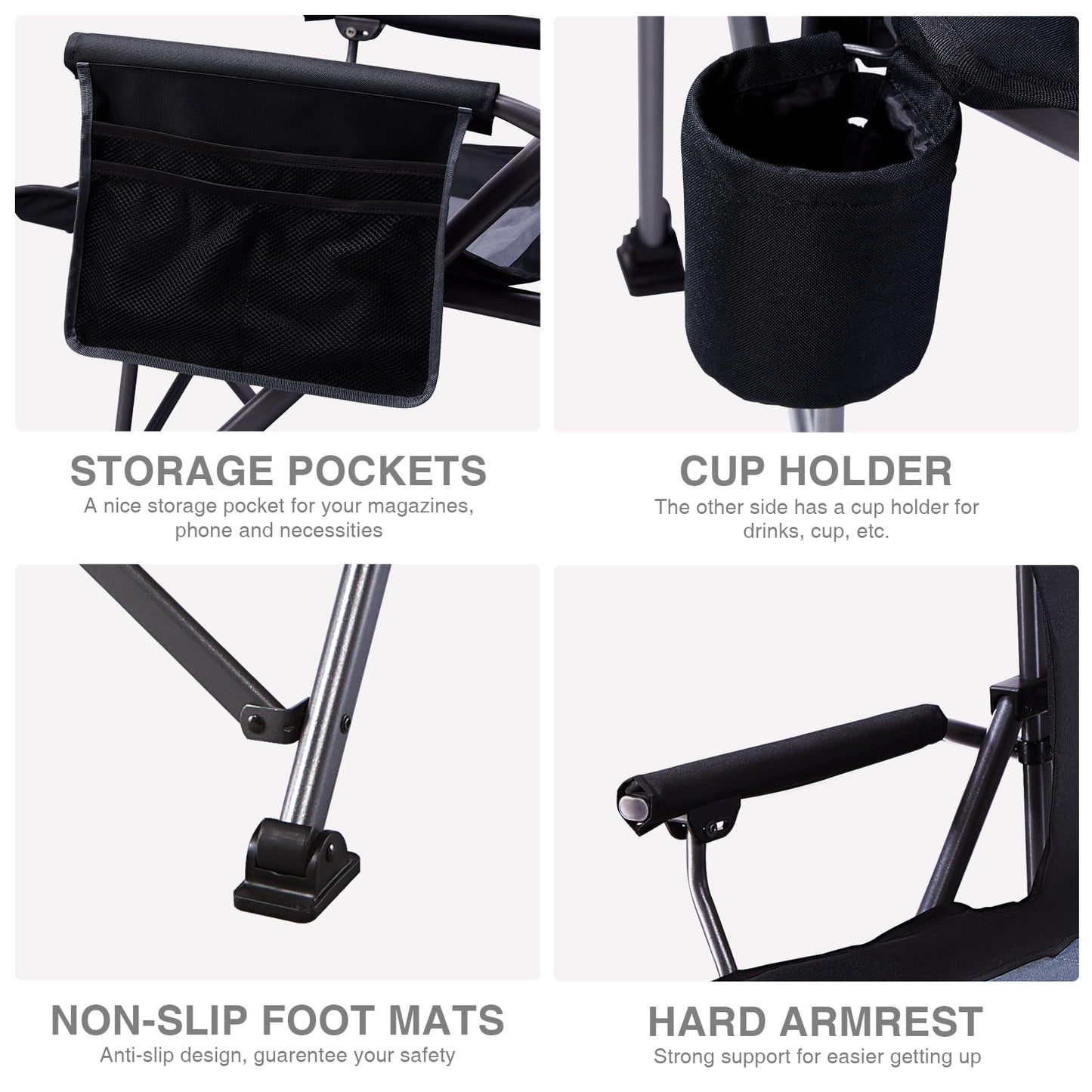 EVER ADVANCED Oversized Folding Camping Chair for Adults, Heavy Duty Lawn Chair with Side Pockets, Portable Collapsible Quad Chair for Outside, Support Up to 500lbs, Black