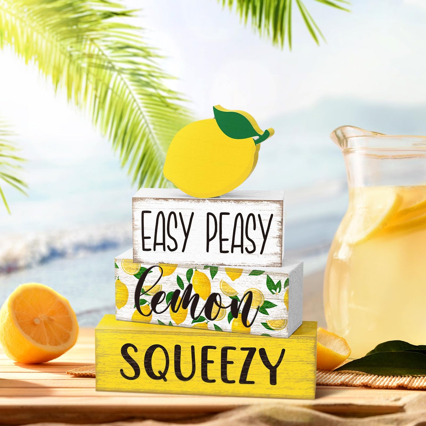 Yousoontic 4 Pcs Summer Lemon Table Decor Easy Peasy Lemon Squeezy Wooden Block Signs Farmhouse Tiered Tray Decor Rustic Table Centerpieces Summer Decorations for Home Desk Shelf Mantle Office