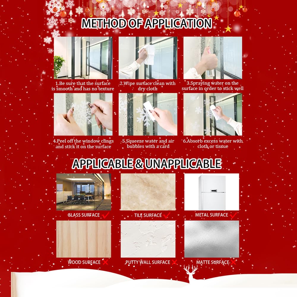 2 Sheets Christmas Window Clings - Xmas Tree Branch, Elk, Snowflake Stickers for Window Decorations, Home Office Party Decor