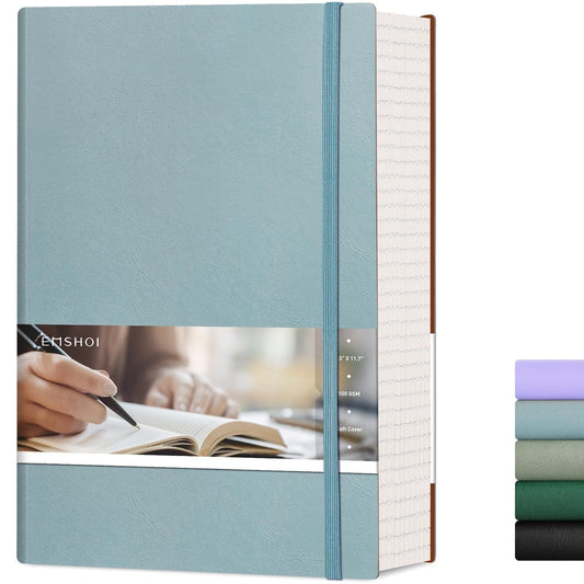 EMSHOI A4 College Ruled Notebook Journal- 400 Pages (200 sheets), 7mm Spacing & Vegan Leather Cover for Work, School, Bible Study, Bullet Journaling- with Sticky Notes, Pocket & Pen Holder - GrayBlue