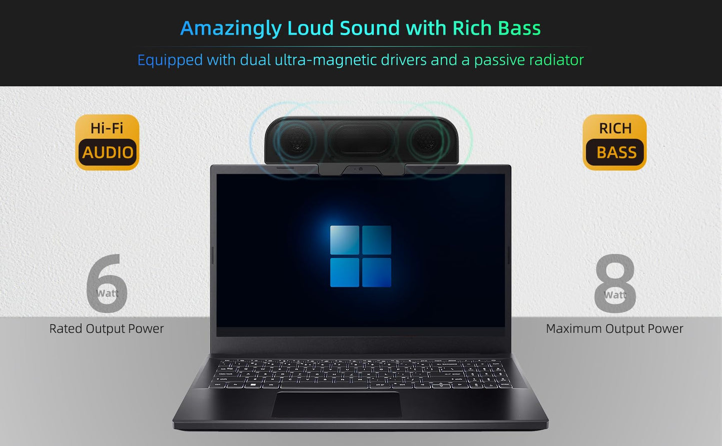 Computer Speakers for Desktop PC, Monitor Speakers, USB Plug-in, Wired, External Speaker for Laptop, Small Computer Soundbar for PC, with Loud Sound, Deep Bass, USB-C Adapter, Easily Clamp to Monitor