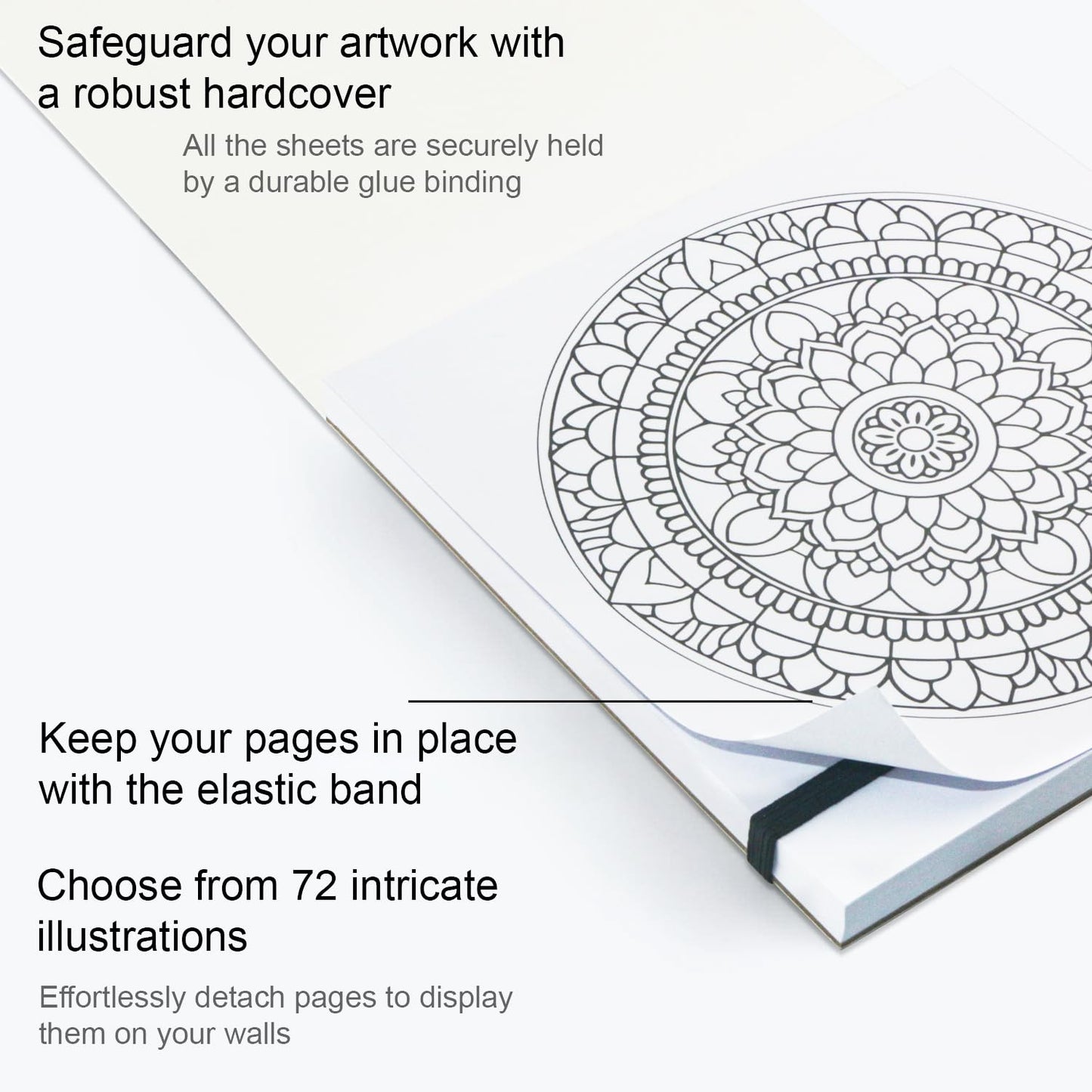 Adult Coloring Book, 72 Sheets Coloring Books for Adults Relaxation, 6.4 x 6.4 Inch, 110lb/150gsm Mandala Designs with Detachable Pages, Art Essentials for Calmness, Self-Reflection.