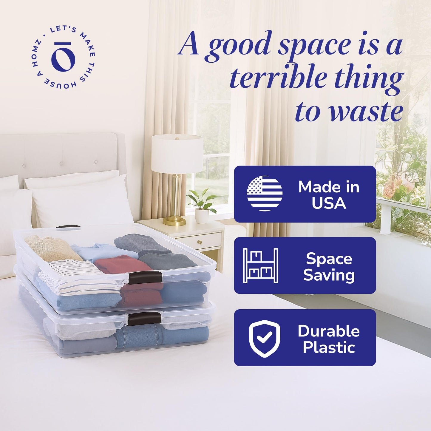 HOMZ 2-Pack Under Bed Storage, Clear Plastic Containers with Lids, 56 Quart, Gray Latch - Stackable Underbed Organizer Bins for Shoes, Bags, Clothes, and Towels