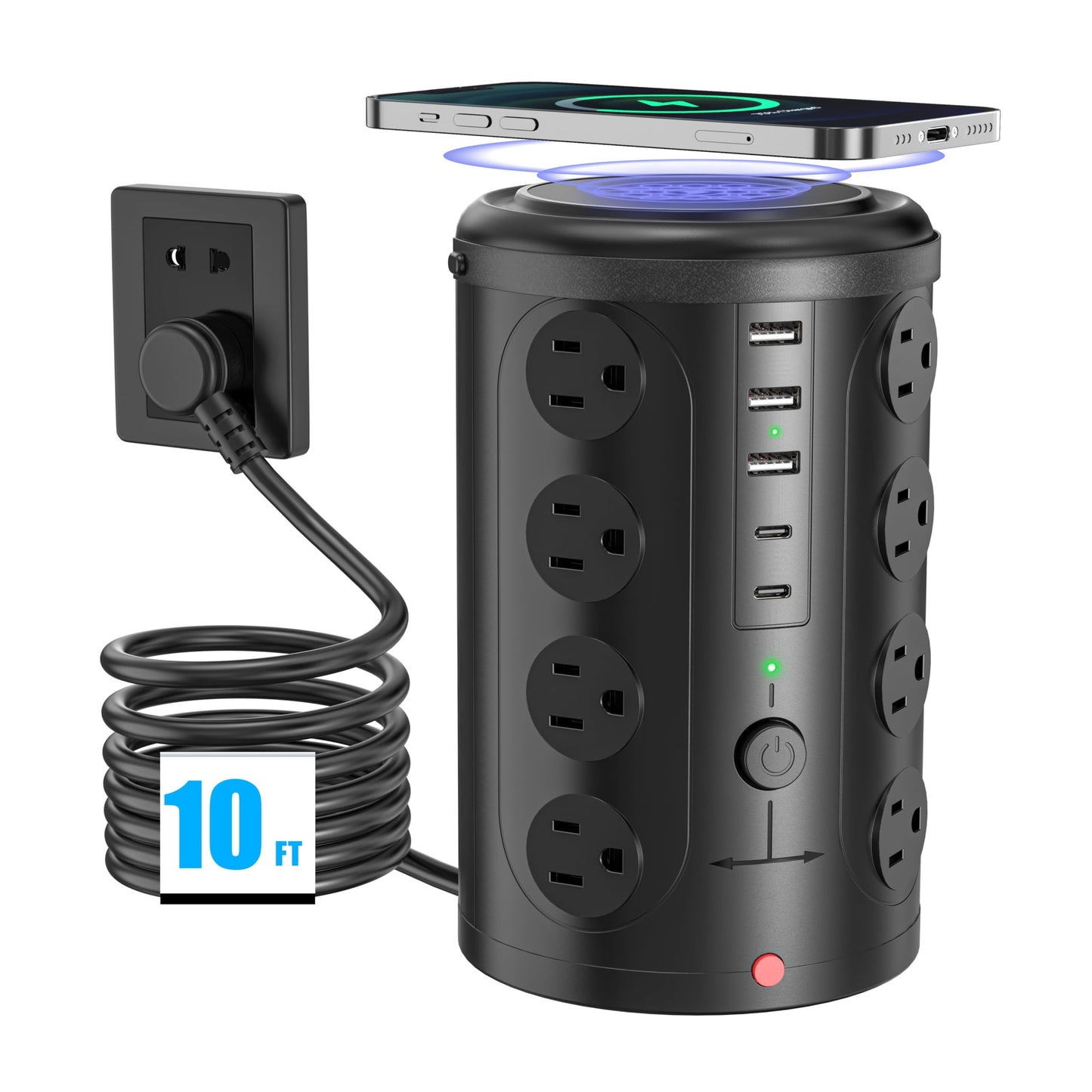 Tower Power Strip Surge Protector with 16 Outlets and 5 USB Ports (2 USB-C), 6FT Extension Cord with Multiple Outlets,Heavy Duty Charging Station,Home Office Dorm Room Essentials. No Wireless Charging