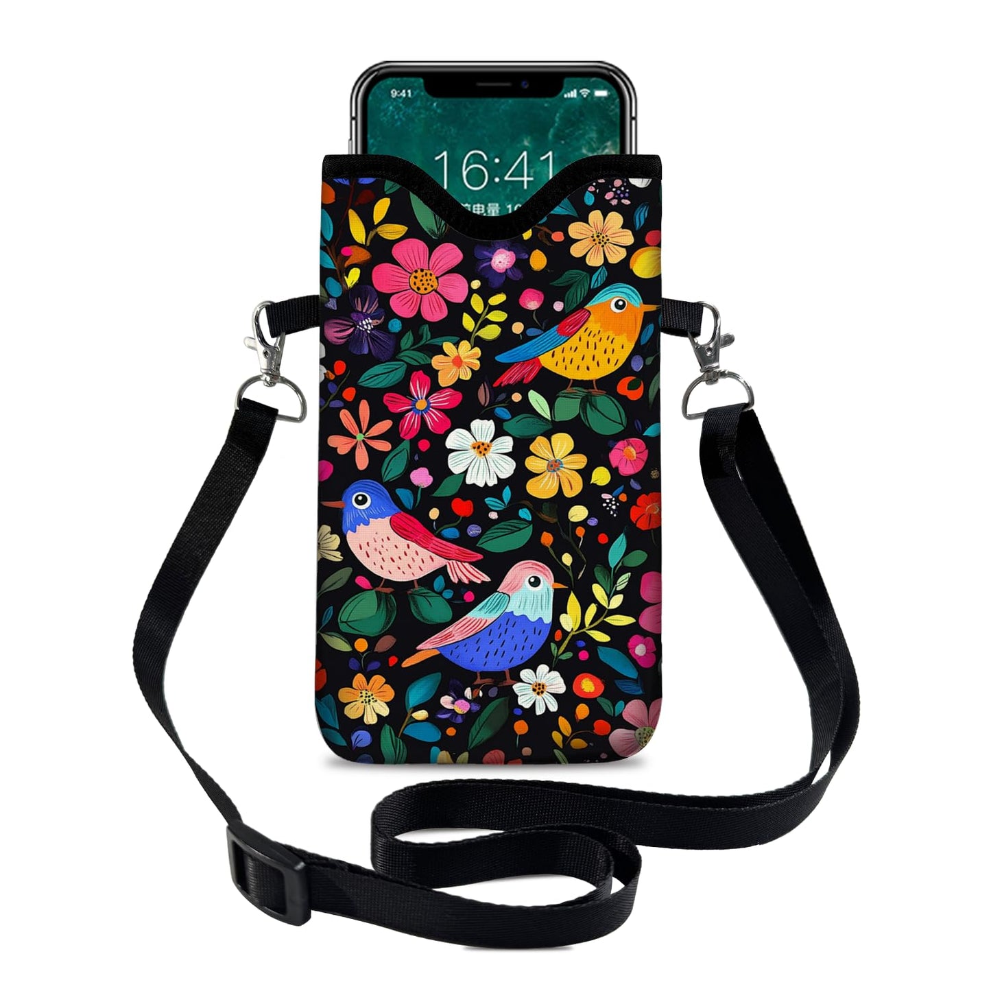 otilil Neoprene Cell Phone Sleeve Pouch Case Bag with Crossbody Strap Neck Lanyard for Women 7.1 X 3.9 in Flower Bird Pattern