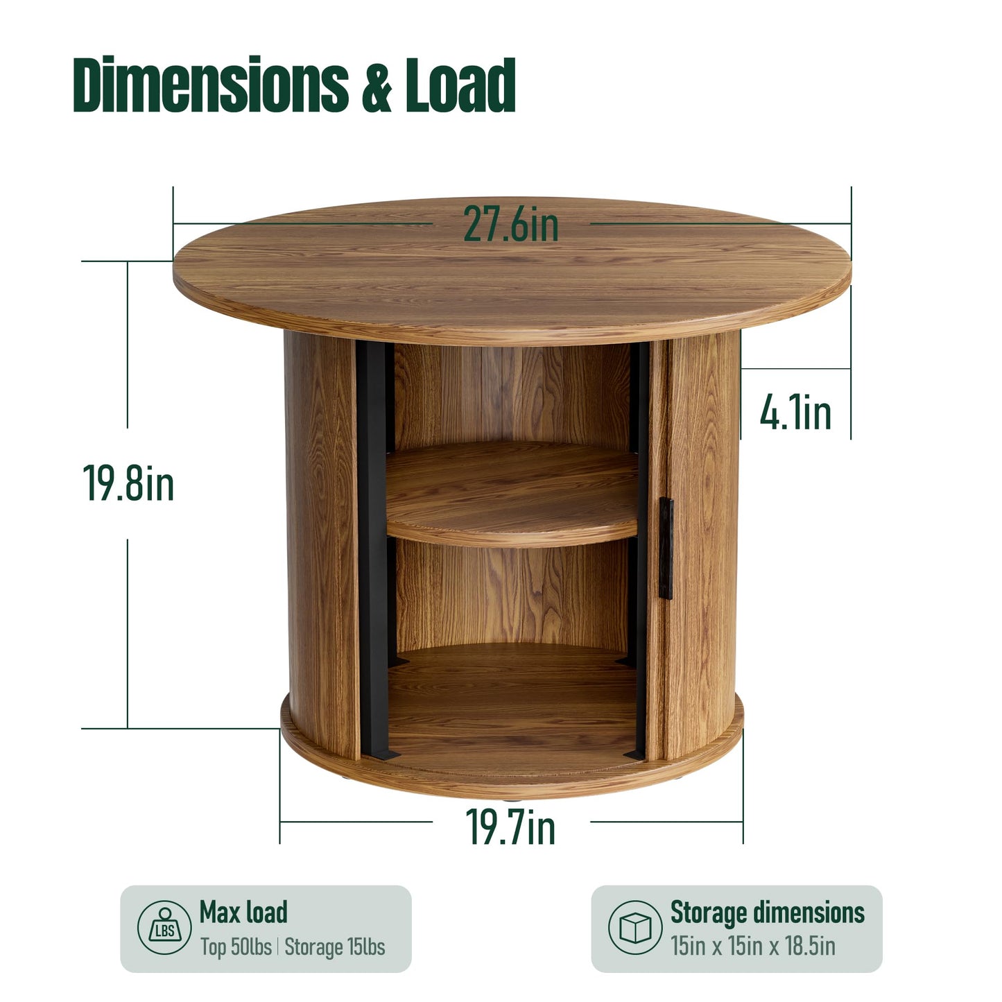 27.6" Small Round Coffee Table for Living Room, Farmhouse Fluted Side Table with 2-Tire Shelf Storage, Modern Circle Sofa Accent End Table with Walnut Finish