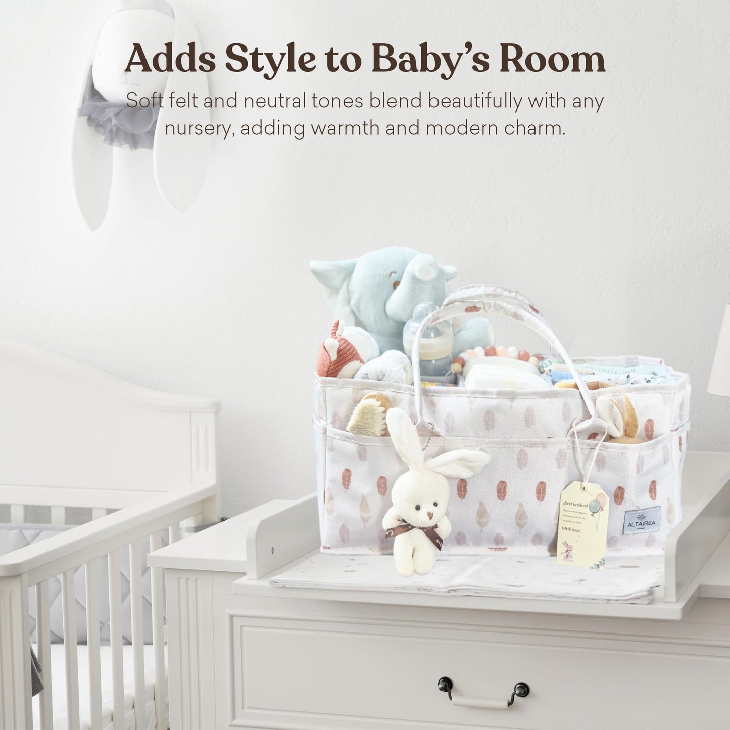 Baby Diaper Caddy Organizer with Plush Toy – Portable Felt Storage Caddy for Nursery, Car, and Changing Table – Baby Organizer Basket, Diaper Organizer, Baby hamper, Baby Shower or Newborn Gift