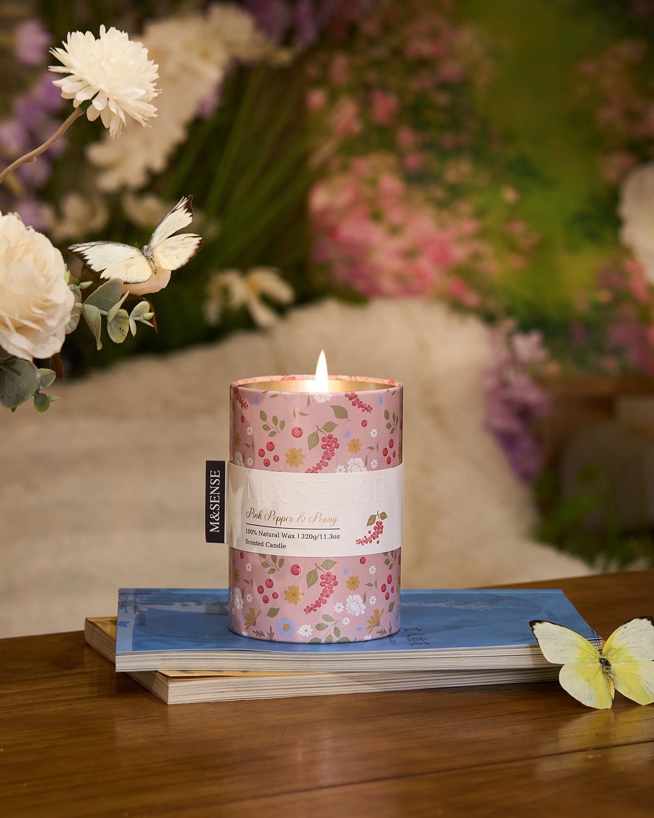 M&SENSE Pink Pepper Peony Scented Candle, Medium Jar Candle 11.3oz Natural Soy Wax for Home Scented, Floral Candles Gift for Spring Holiday, Up to 70 Hours Burning Long-Lasting Fragrance