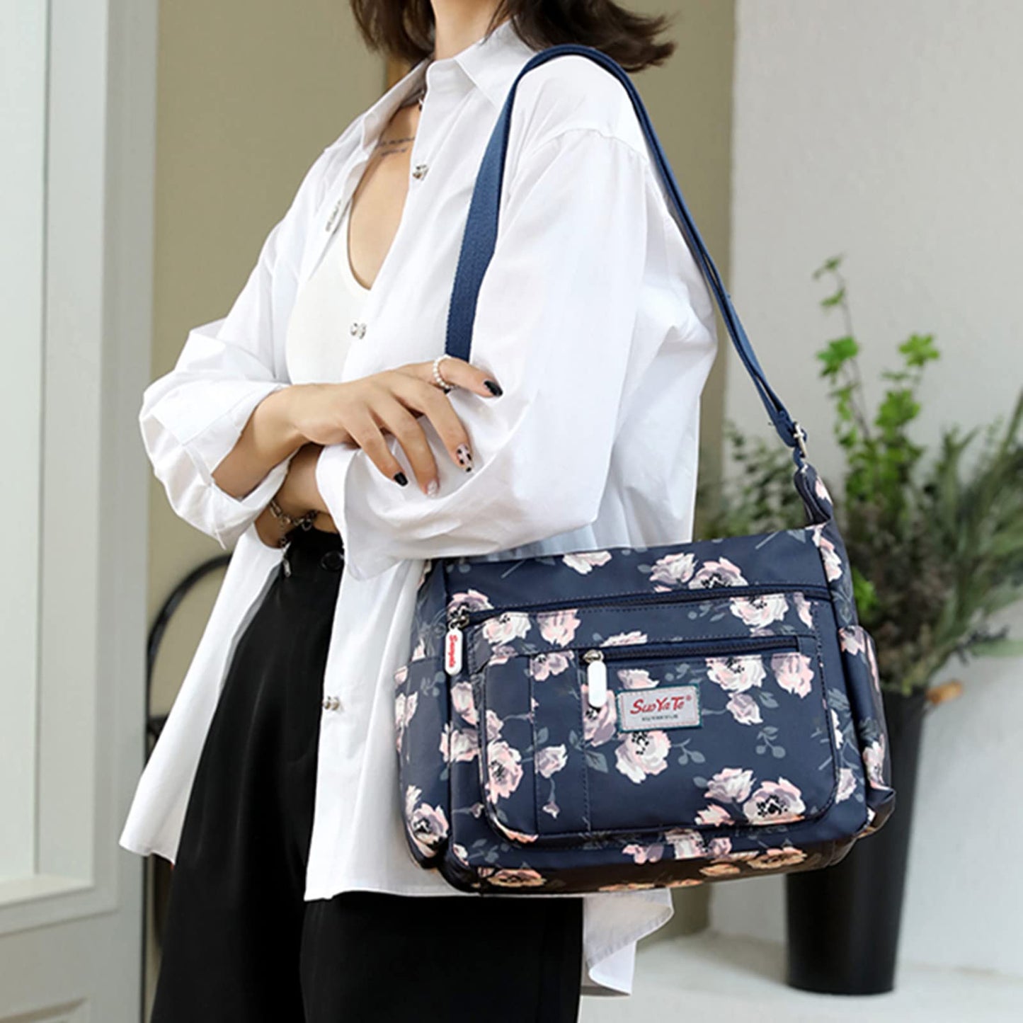 Wafybsre Cross-body Bag Women's Multi Pocket Nylon Messenger Bag Shoulder Bag Lightweight Travel Handbag (Monthly rose)