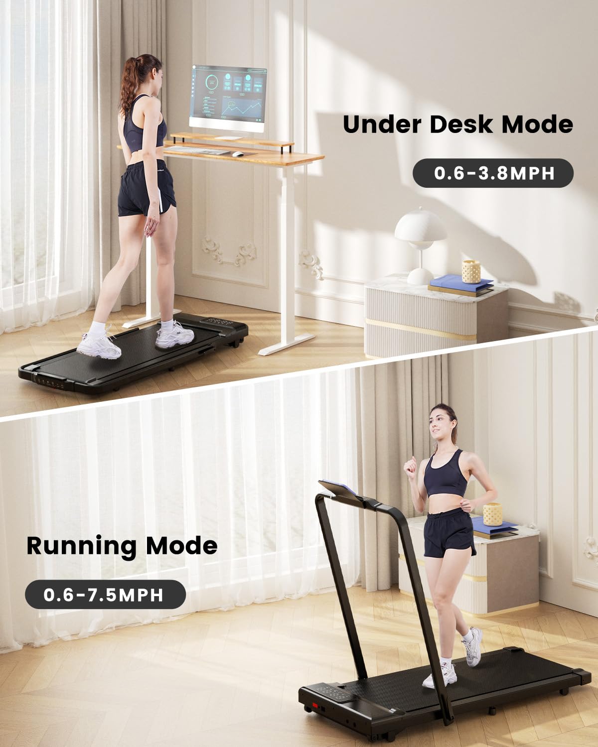 DeerRun 3 in 1 Walking Pad Treadmill, 300 Weight Capacity Foldable Treadmill, 3.0HP Low Noise Under Desk Treadmills for Home Office with Remote & APP