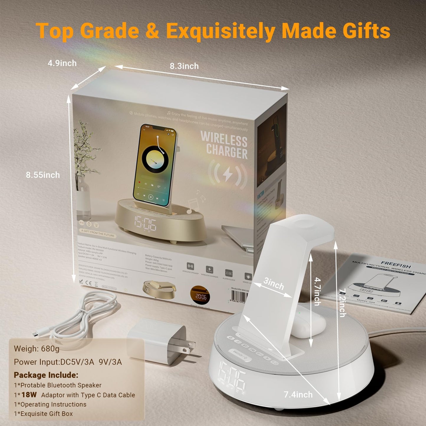 Alarm Clocks for Bedrooms with Wireless Charging Station, iPhone Charging Station with Dimmable Night Light Bluetooth Speaker, Wireless Charger for iPhone 16 15 14 13 Pro Max, Apple Watch, AirPods 3