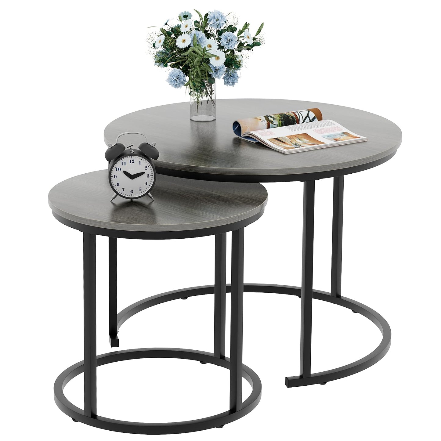VILAWLENCE Nesting Coffee Table Set of 2, Modern Round Side Table End Tables for Living Room Bedroom Balcony,Grey Wooden Stacking Accent Coffee Tables with Metal Frame