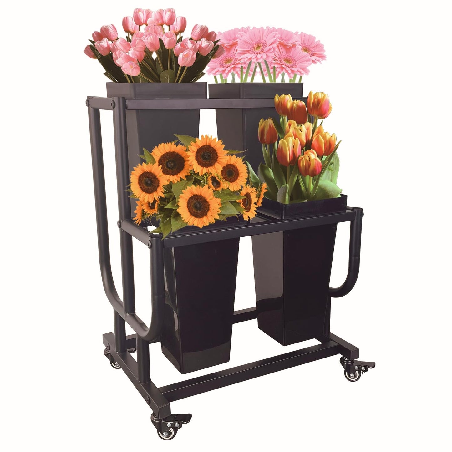 Tongmo 2-Tier Flower Display Stand with 4 Buckets - Movable Plant Cart for Heavy Duty Flower Rack - Perfect for Flower Shops, Homes, Cafés, and Offices (2-Tier with Bucket)