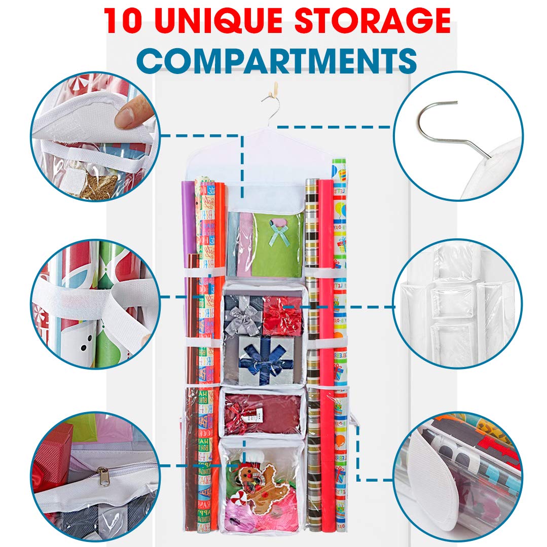ProPik Hanging Double Sided Wrapping Paper Storage Organizer With Multiple Front And Back Pockets Organize Your Gift Wrap & Gift Bags Bows Ribbons 40”X17 Fits 40 Inch Rolls (White)