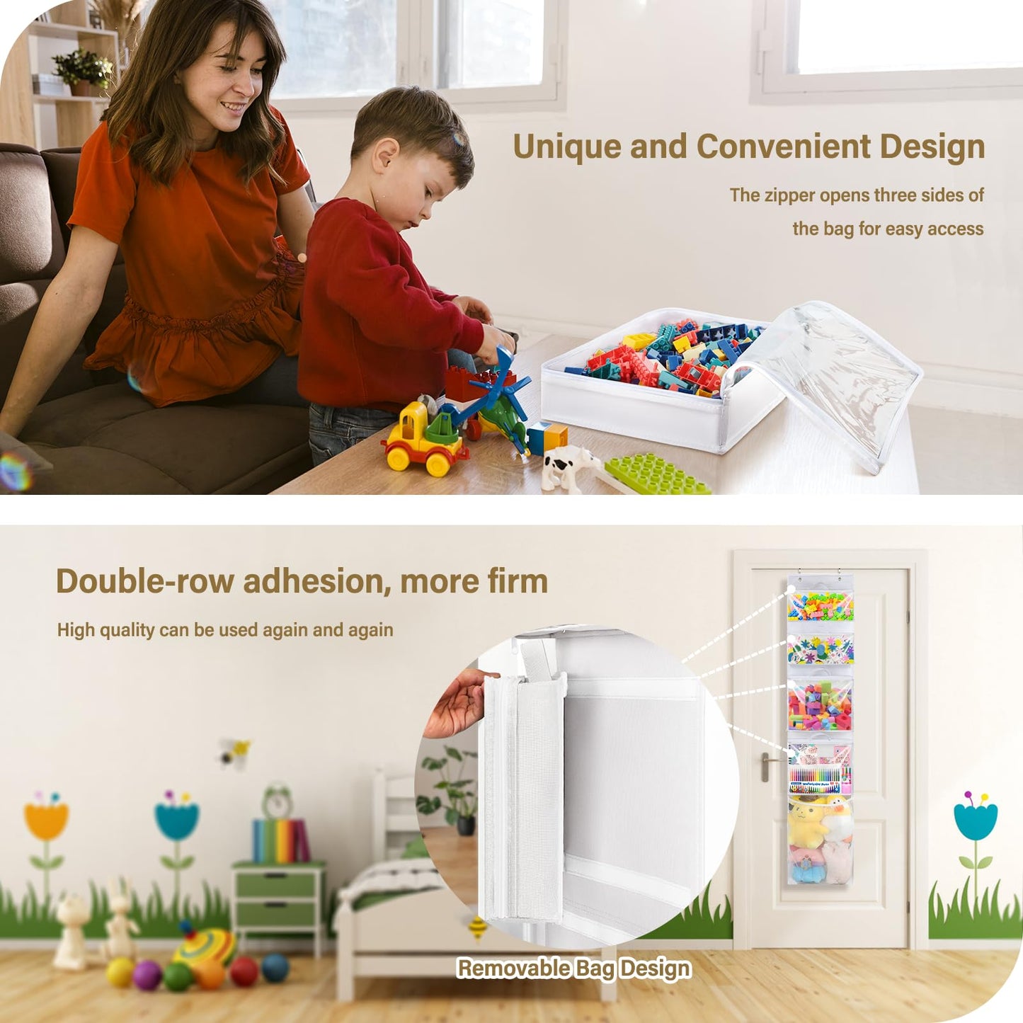 Woodoulogy Hanging Toy Storage over Door, Block Stuffed Animal Organizer Idea with 4 Removable Case Bag, Bi-Fold Closet Holder with Mesh Pocket for Kid Boy Girl