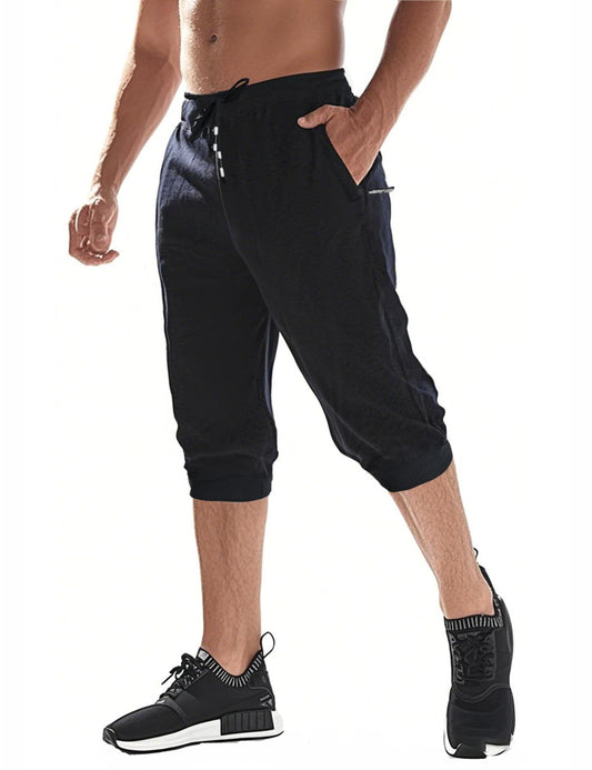 EKLENTSON Men's 3/4 Jogger Pants Gym Shorts Zipper Pocket Sport Fitness Sweatpants Running Shorts for Men Black 38