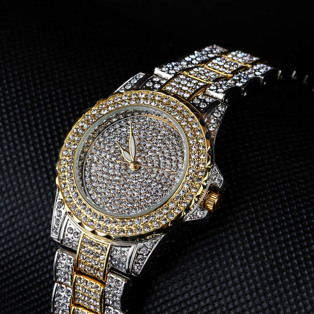 Smalody Round Luxury Women Watch Crystal Rhinestone Diamond Watches Stainless Steel Wristwatch Iced Out Watch with Japan Quartz Movement for Women | Simulated Lab Diamonds (Mix Gold)