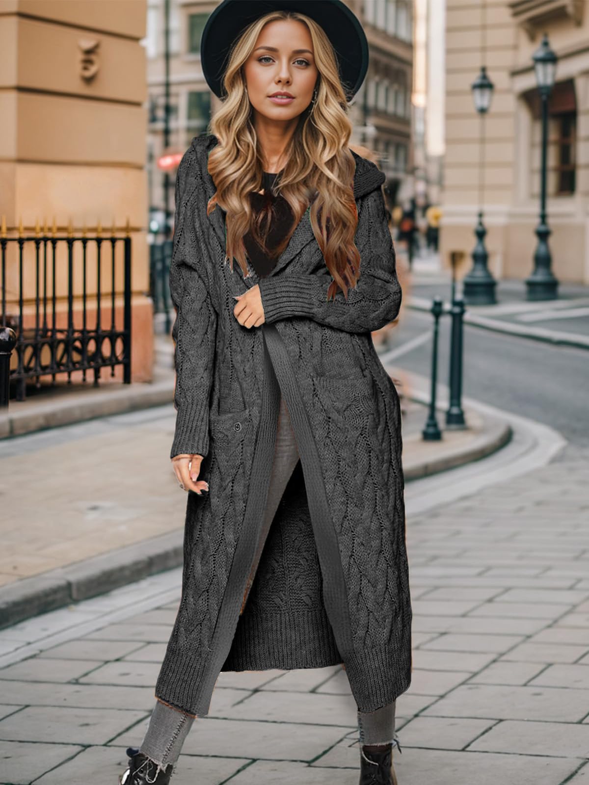 WIFFGO Lightweight Hooded Open Front Cardigan for Women Cable Knit Sweaters Pocketed Oversized Knee Length Long Coats Dark Gray