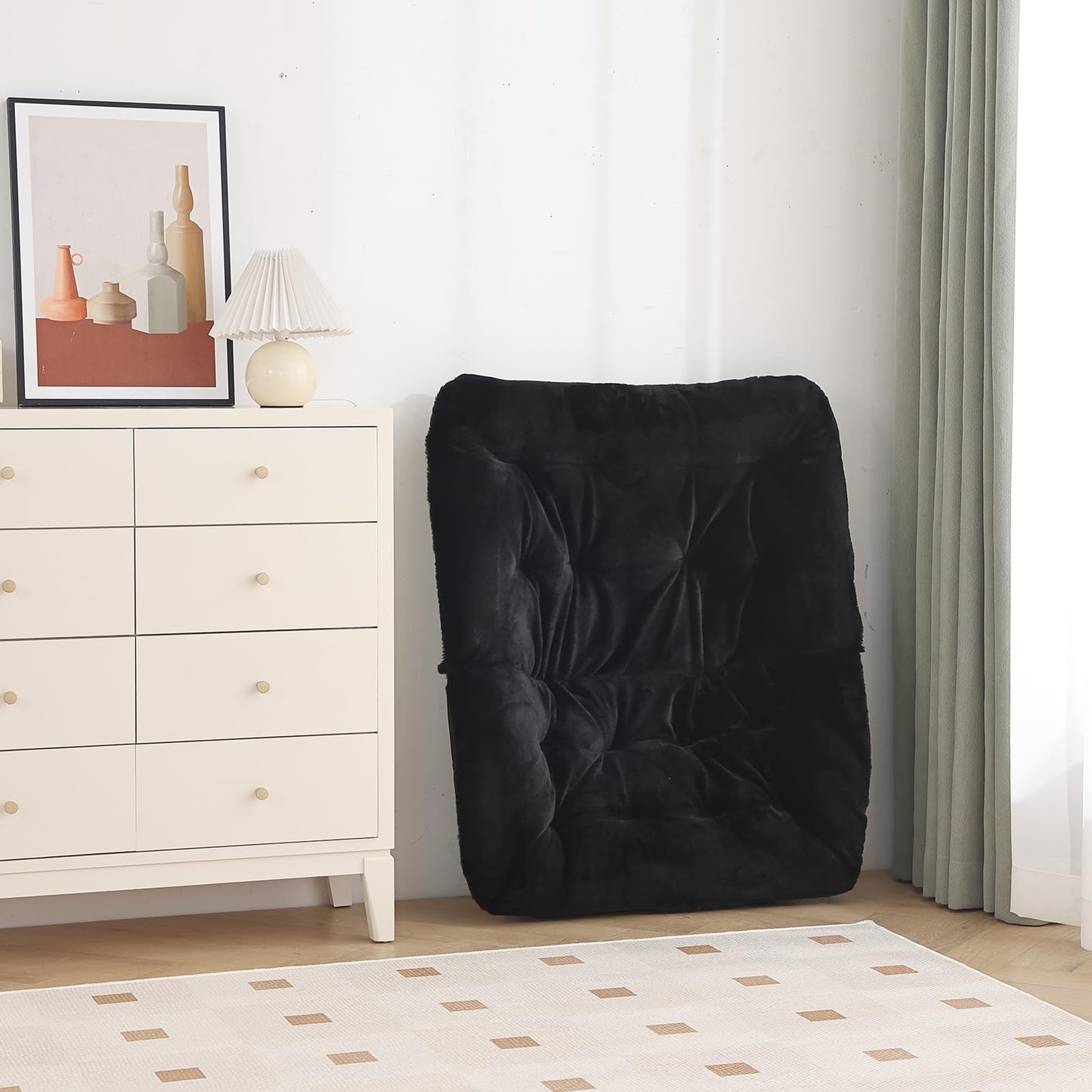 Furlide Oversized Folding Faux Fur Chair with Ottoman, X-Large Soft Saucer Chair, Foldable Metal Frame for Bedroom, Living Room, Balcony (Black)