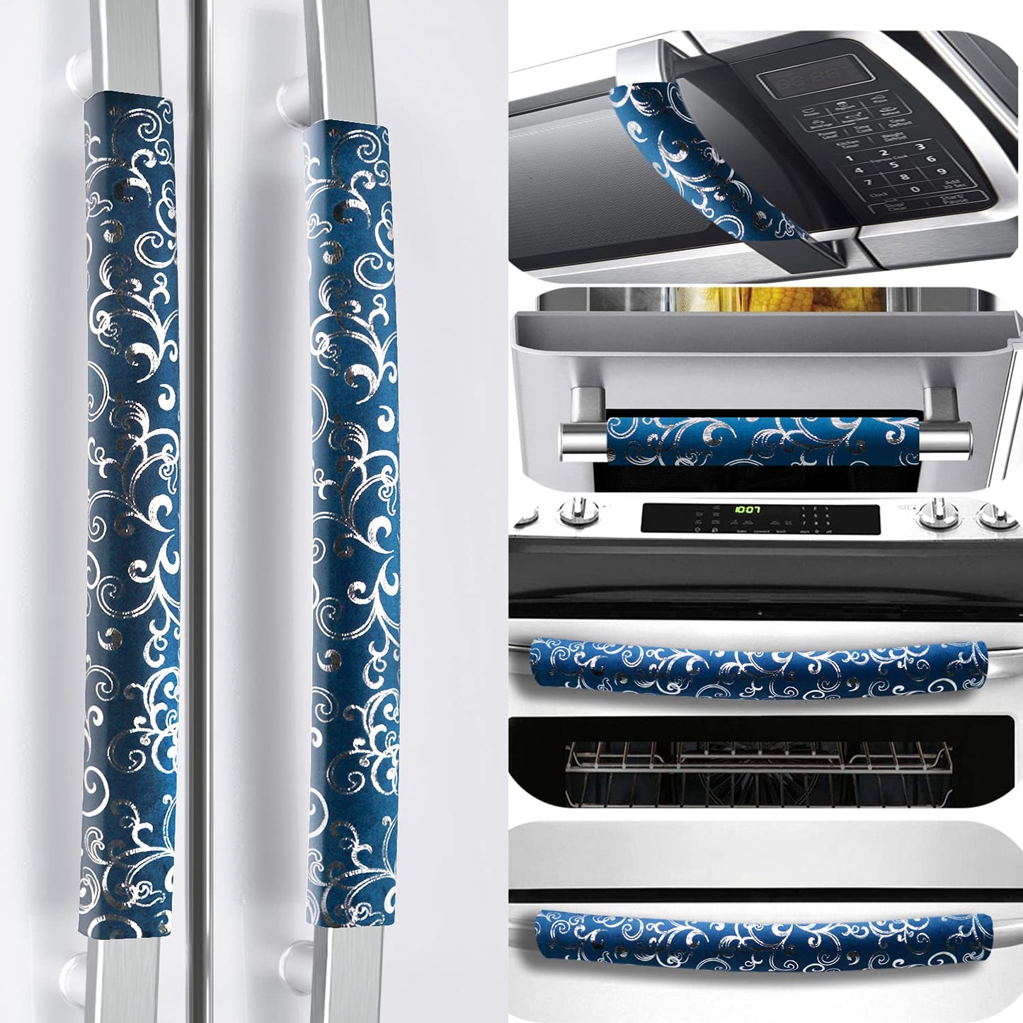 Volecy Refrigerator Door Handle Covers, Set of 6 Velvet Appliance Handle Covers Keep Appliance Clean for Fridge Microwave Stove Bathroom Catch Stains Dust Fingerprint Prevent Spread (Printed Blue)