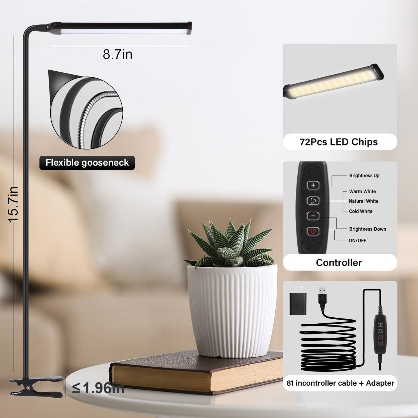 VIIVUU Desk Lamp with Clamp, Eye-Caring Clip on Lights for Home Office, LED Reading Lamp with 3 Color Modes, 10 Brightness, Flexible Gooseneck Swing Arm for Study, Work, Draw, Nail, Black