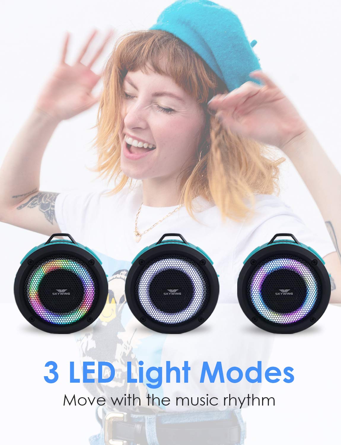 SKYWING Soundace S6 IPX7 Waterproof Shower Speaker 5W Bass+ Bluetooth with Suction Cup Hook Lanyard RGB Light, Premium Mini Portable Outdoor Wireless Speaker for Bike Pool Beach