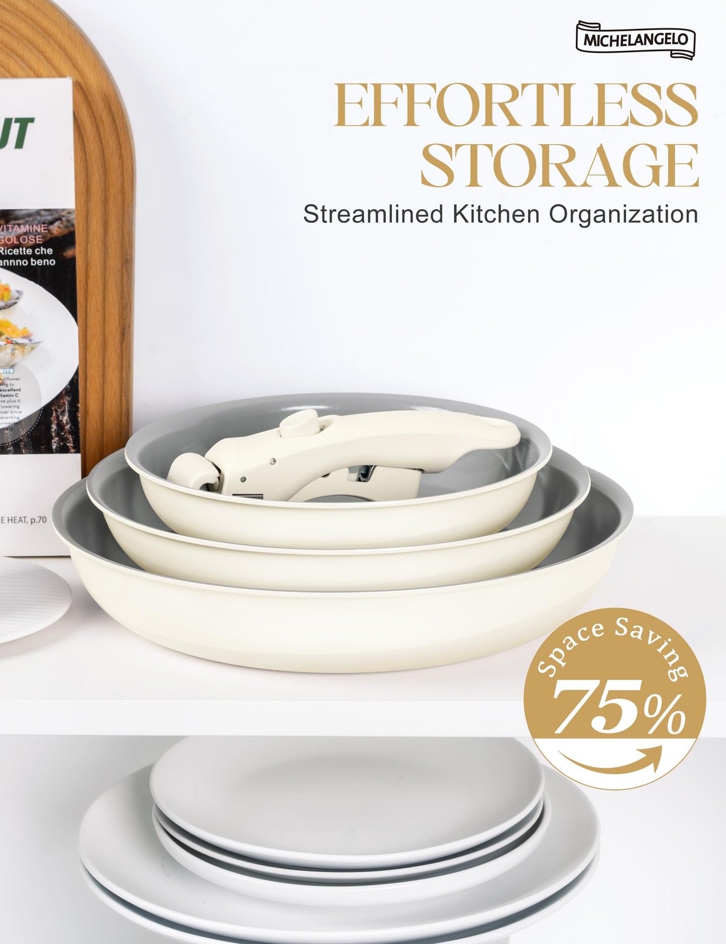 MICHELANGELO Ceramic Frying Pan Set, 8" 9.5" and 11" Fry Pans with Removable Handle, Nonstick Skillet Sets with Non Toxic Coating, PFOS & PFOA Free, Induction Compatible, Beige