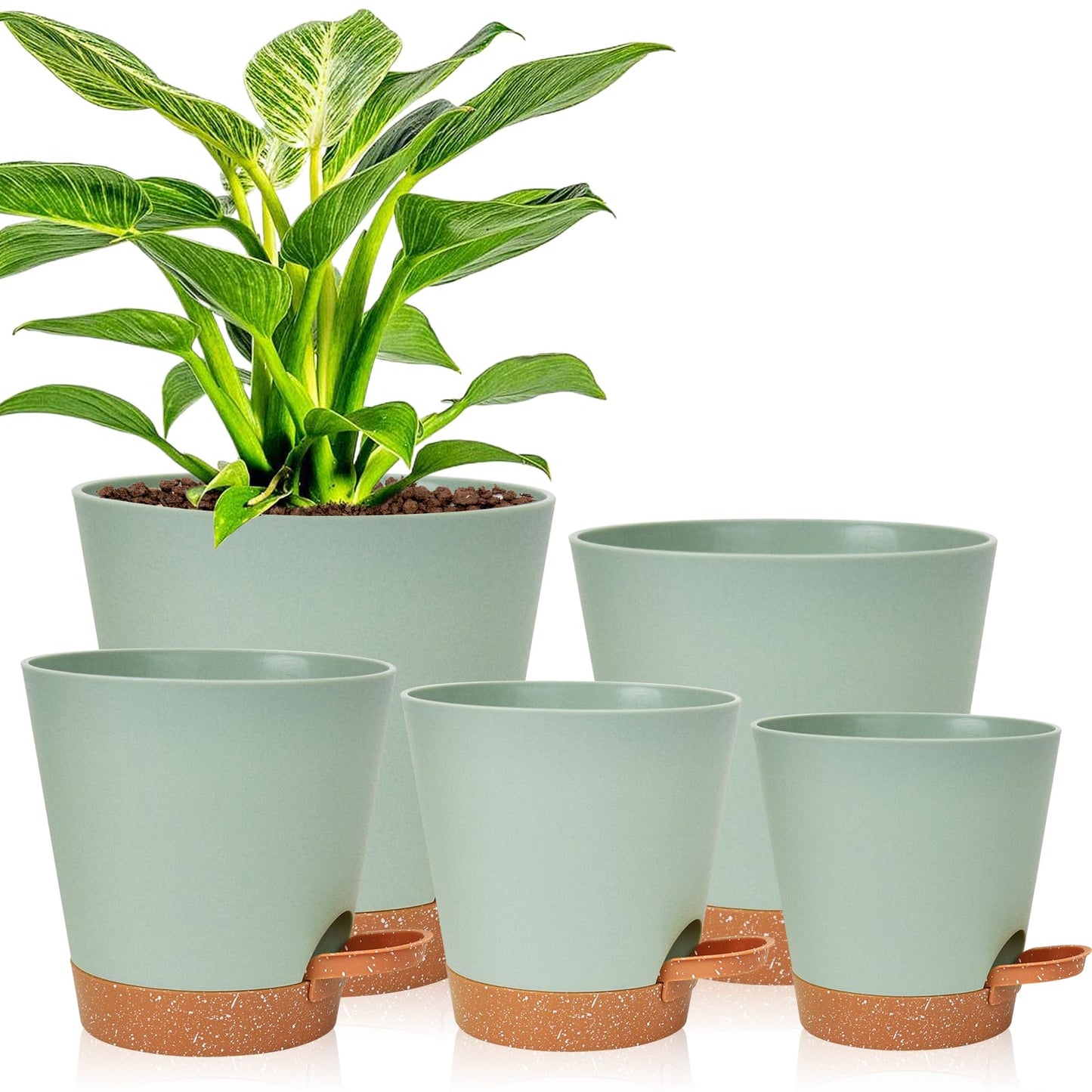 Plant Pots Indoor 7/6.5/6/5.5/5 Inch Self Watering Planters for Indoor Plants with Drainage Hole, Plastic Flower Pots for Succulents, African Violet (Green)