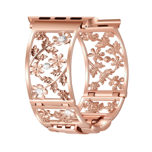 Duoan Floral Band Compatible with Apple Watch Jewelry Band 42mm 44mm 45mm 46mm 49mm iWatch Series 10 9 8 7 SE,Bling Crystal Bracelet Hollow Metal Strap,Cute Women Wristband(42/44/45/46/49mm,Rose Gold)