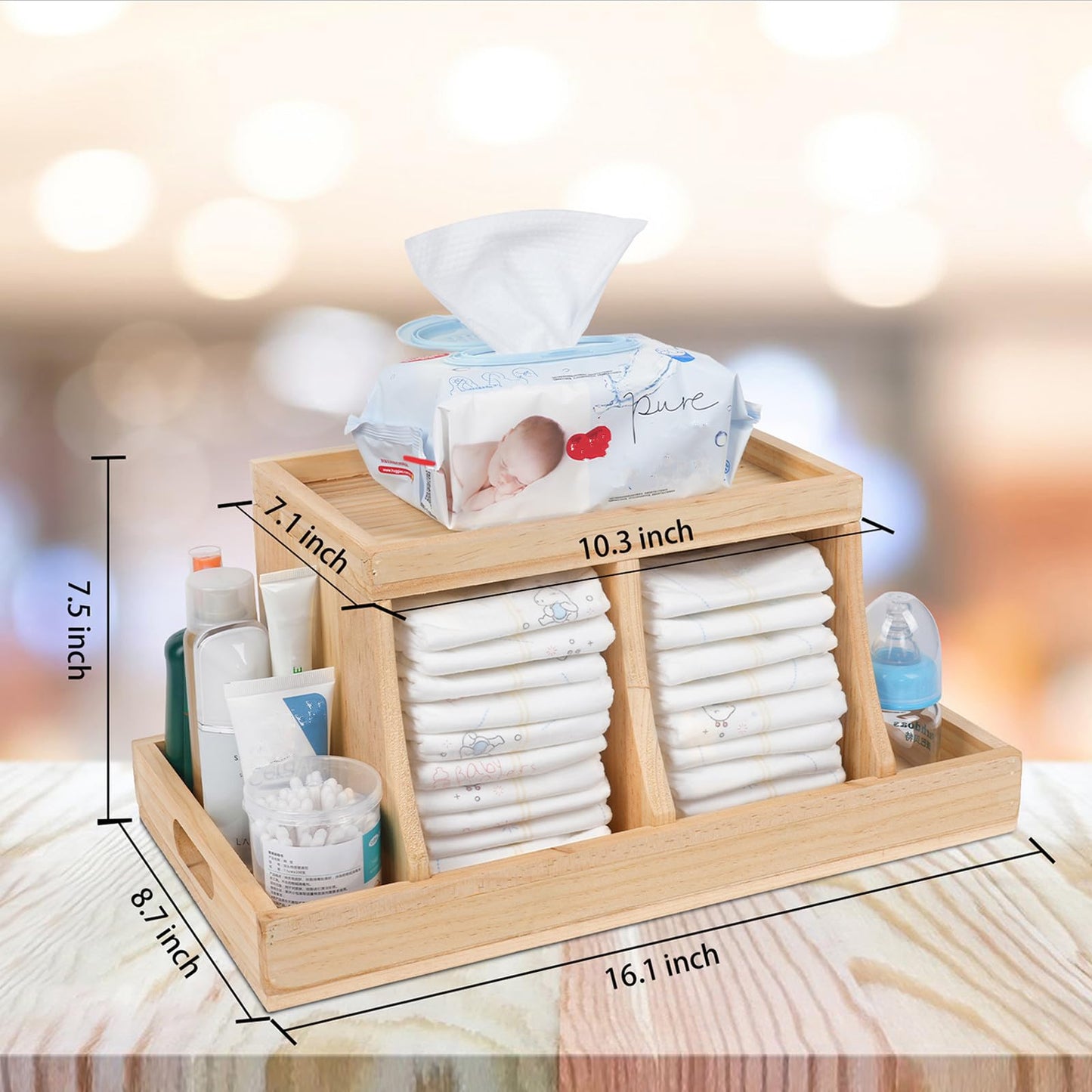 Busidhji Diaper Caddy Organizer, Changing Table Organizer, Wooden Diaper Organizer for Nursery, Baby Diaper Storage Organizer with Removable Dividers (Brown, Rectangular Size)