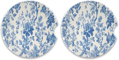 Car Cup Coaster 2 Pack Absorbent Car Coasters for Drinks Blue Flowers Ceramic Cup Holder with Finger Notch for Women and Men 2.5 inch Car Interior Accessories