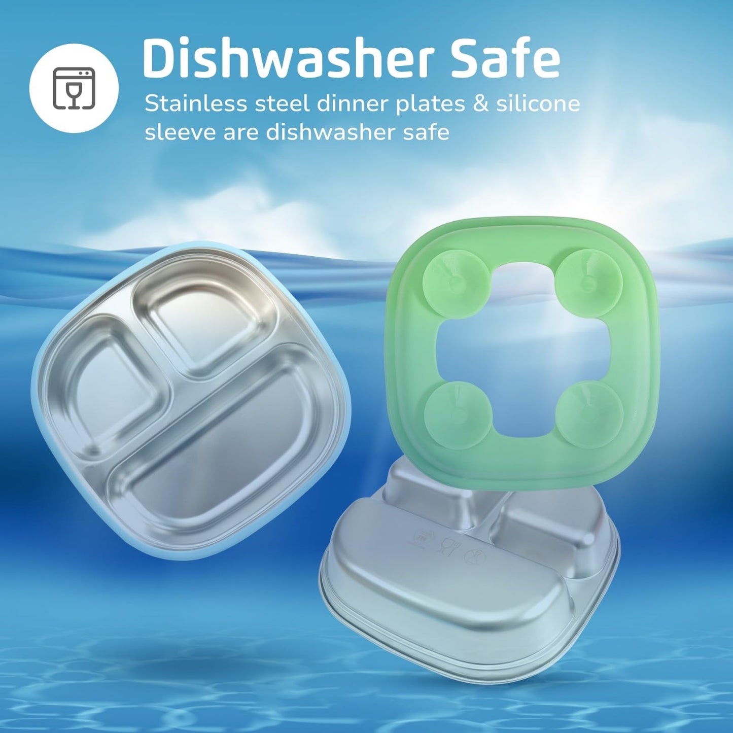 LYA Stainless Steel Suction Plates for Baby - Food Grade Stainless Steel Baby Feeding Set with Removable Silicone Wrap - 2x Children’s Non-Toxic Plates with 2x Baby Spoons and 2x Forks - Blue/Mint