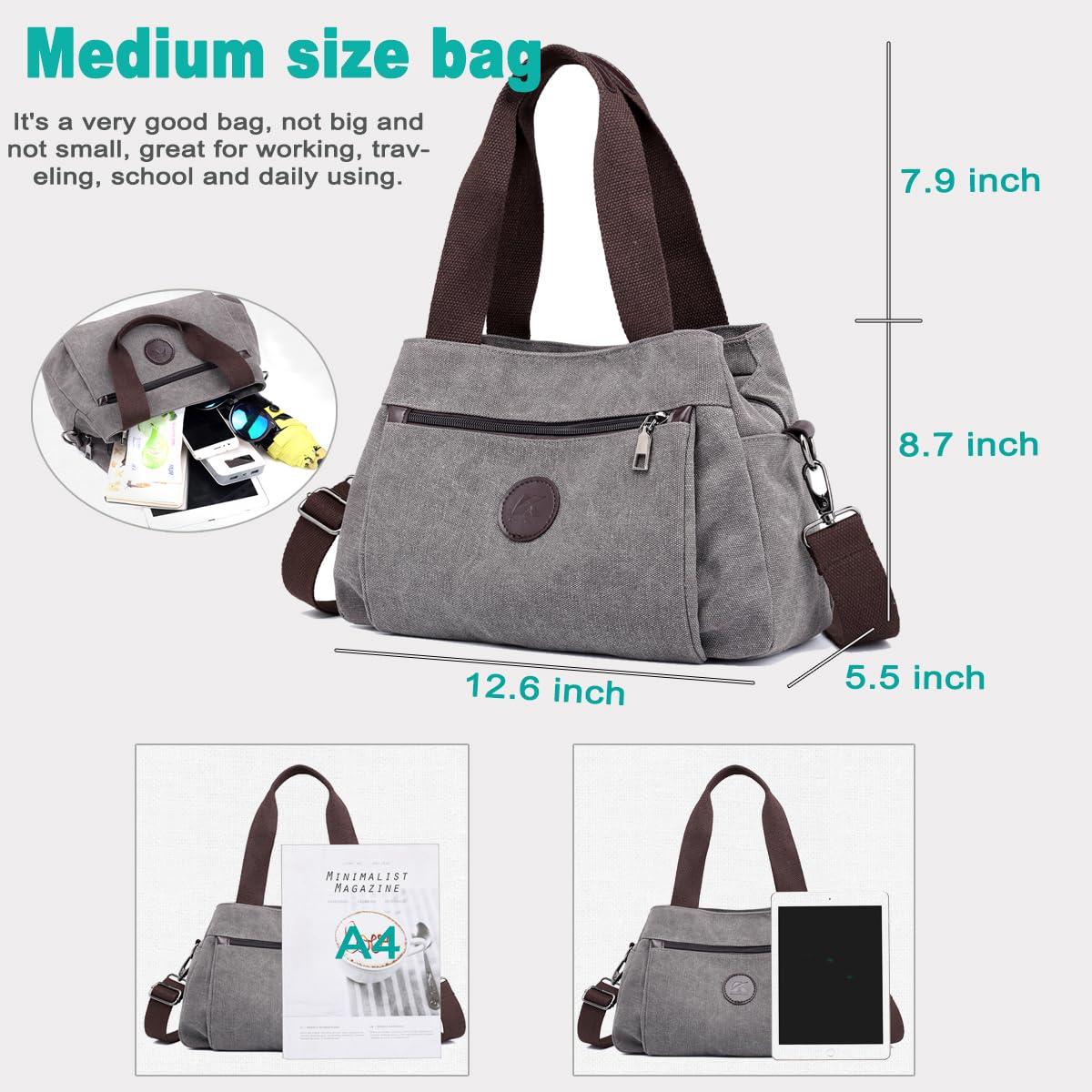 DOURR Hobo Handbags Canvas Crossbody Bags for Women, Multi Compartment Tote Purse Medium Satchel (Brown)