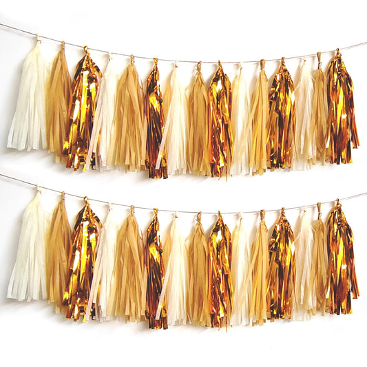 AimtoHome Shiny Tassel Garland Tissue Paper Tassel Banner,Tassels Party Decorations for Wedding,Birthday,Bridal/Baby Shower,Pack of 15 (Gold/Tan/Ivory)