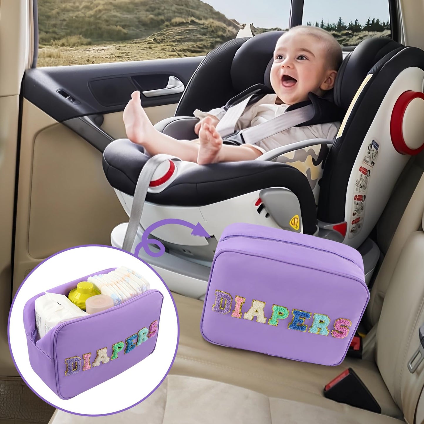 Portable Small Diaper Bag, Chenille Letter Diaper Caddy Organizer Pouch Newborn Baby Essentials Must Haves for Nursery Changing Table, Purple Waterproof Diaper Pail Baby Shower Gifts for Mom To Be