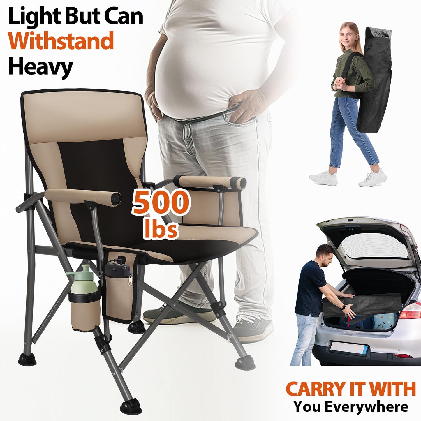 QUYUAN Heated Camping Chair with 20,000 mAh Battery, Fully Padded Heated Camp Chairs, Loog-Lasting for 500 Mins, Heavy Duty Folding Chairs Supports 500 lbs for Camping, Outdoor Sports, Picnics, Beach